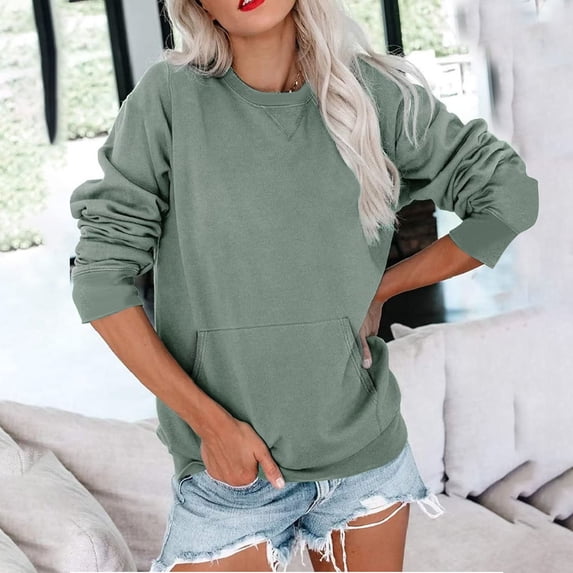 Uootdi Long Sleeve Shirts for Women Crew Neck Simple Solid Color Sweatshirts Casual Basic Fall Tops Loose Fit Gift Comfy