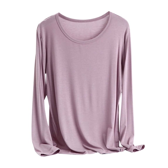Uootdi Long Sleeve Shirts for Women Crew Neck Solid Color Basic Tee Soft Comfy Blouse Top Soft Ladies Pajama Shirt