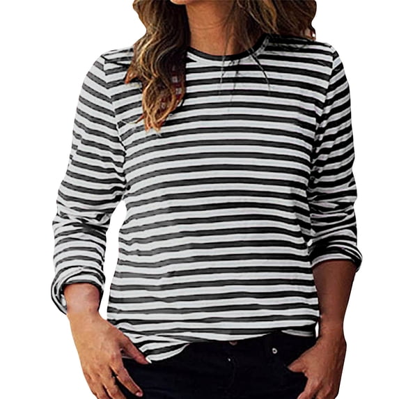 Uootdi Long Sleeve Shirts for Women Crewneck Stripe Detail Relaxed Fit Everyday Casual Office Commute Tops Gift
