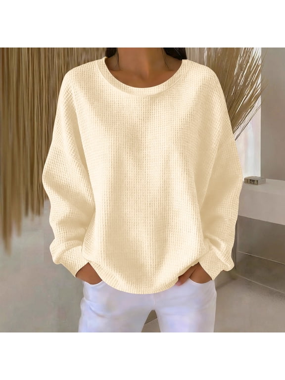 Long Sleeve Shirts for Women Crewneck Waffle Knit Solid Color Blouses Daily Wear Cozy Gatherings Sweaters Tops Gift