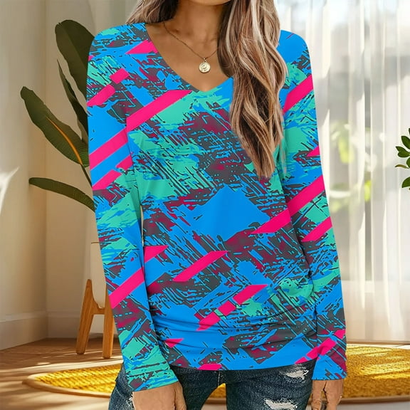 Uootdi Long Sleeve Shirts for Women Fall Fashion V Neck Floral Print Basic T Shirt Loose Casual Gift Blouse Stretchy Tunic