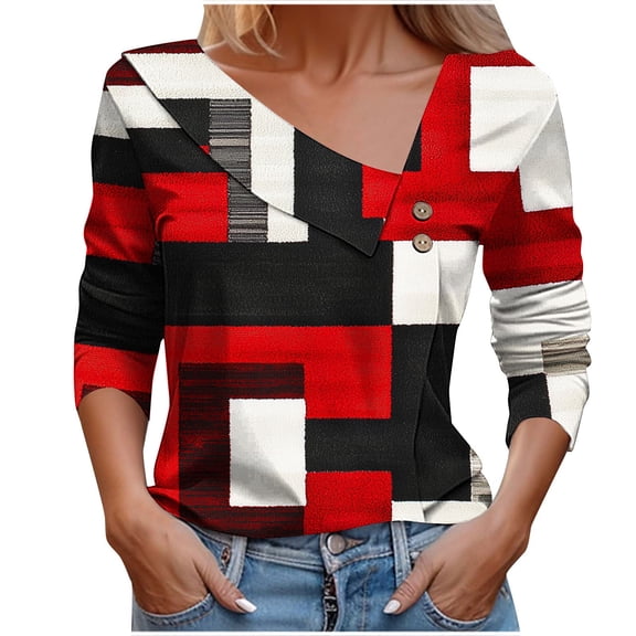 Uootdi Long Sleeve Shirts for Women Floral Print Asymmetrical V Neck Fall Tops Gift Retro Button T-Shirt Loose Fit Dressy Work Clo