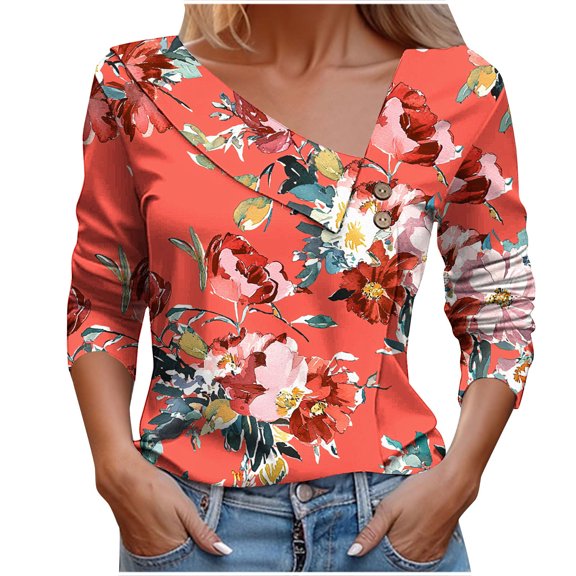 Uootdi Long Sleeve Shirts for Women Floral Print Asymmetrical V Neck Fall Tops Gift Retro Button T-Shirt Loose Fit Dressy Work Clo