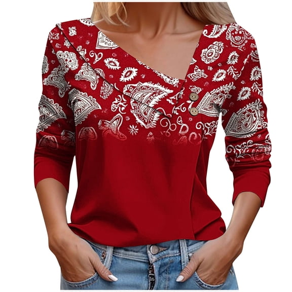 Uootdi Long Sleeve Shirts for Women Floral Print Asymmetrical V Neck Fall Tops Gift Retro Button T-Shirt Loose Fit Dressy Work Clo