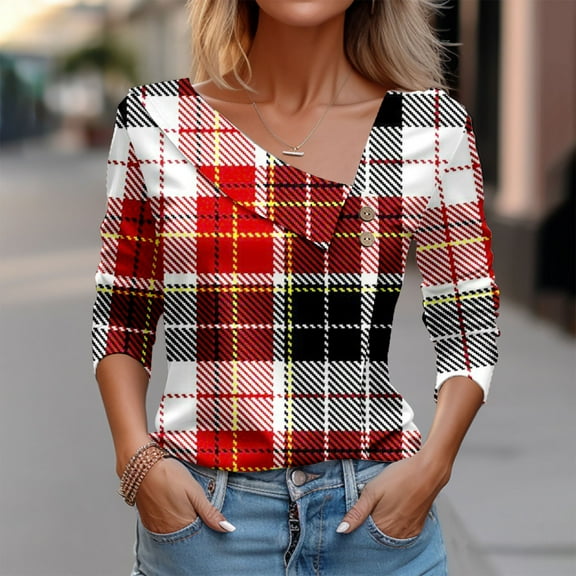 Uootdi Long Sleeve Shirts for Women Floral Print Asymmetrical V Neck Fall Tops Retro Button T-Shirt Loose Fit Dressy Gift Work Clo