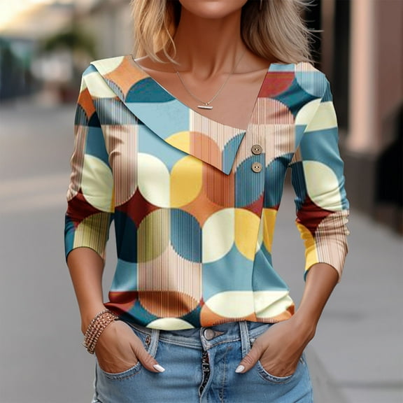 Uootdi Long Sleeve Shirts for Women Floral Print Asymmetrical V Neck Fall Tops Retro Button T-Shirt Loose Fit Dressy Gift Work Clo