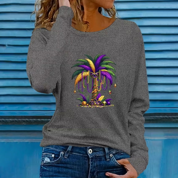 Uootdi Long Sleeve Shirts for Women Mardi Gras Print Graphic Crewneck Sweatshirt Casual Loose Fit Blouses Gift