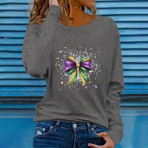 Uootdi Long Sleeve Shirts for Women Mardi Gras Print Graphic Crewneck Sweatshirt Casual Loose Fit Blouses Gift