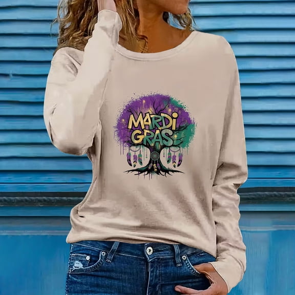 Uootdi Long Sleeve Shirts for Women Mardi Gras Print Graphic Crewneck Sweatshirt Casual Loose Fit Blouses Gift