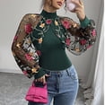 thumbnail image 1 of Pounoo Long Sleeve Shirts for Women Sheer Mesh Blouse Shirred Gift Slim fit Spring Tops, 1 of 3