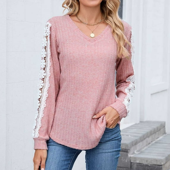 Uootdi Long Sleeve Shirts for Women V Neck Ribbed Lace Trim Cutout Shirt Fall Winter Blouse Casual Gift Tshirt Tops Elegant