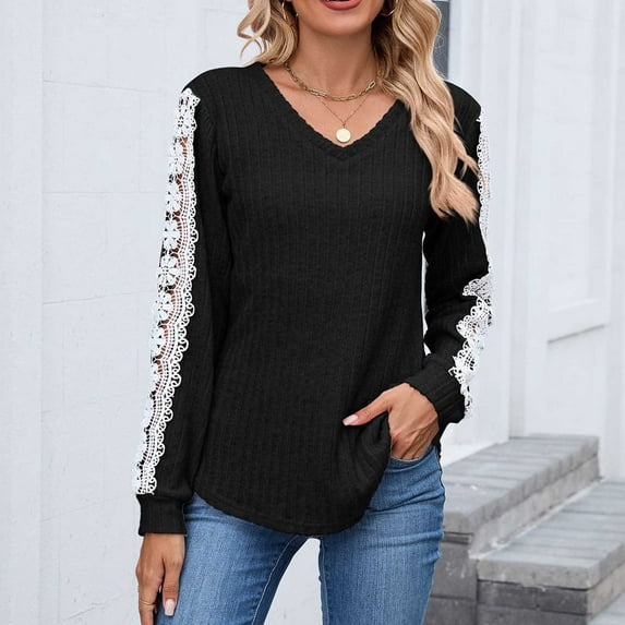 Uootdi Long Sleeve Shirts for Women V Neck Ribbed Lace Trim Cutout Shirt Fall Winter Blouse Casual Gift Tshirt Tops Elegant