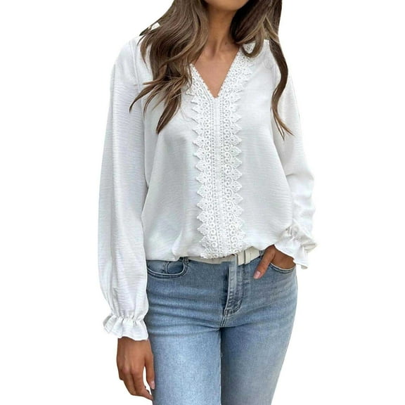 Uootdi Long Sleeve Shirts for Women V Neck Shirt Women’s Lace Crochet Lantern Pleated Gift Tunic Casual Loose Fit Business Work
