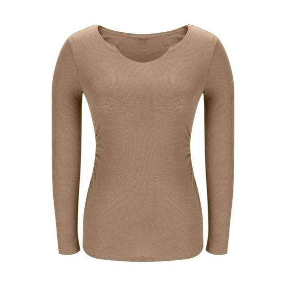 Uootdi Long Sleeve Shirts for Women V Neck with Built in Bra Ribbed Gift Knit Slim Fitted Tops Ruched Basic Tee Fall