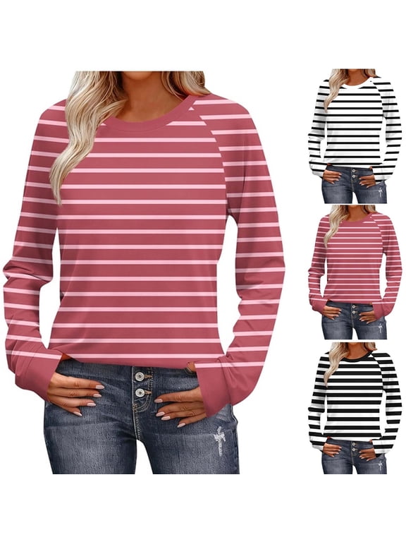 Long Sleeve Tops for Women Crew Neck Horizontal Stripe Raglan Sleeve Shirts for Women Relaxed Fit Vintage Boho Comfortable Womens Blouses Gift