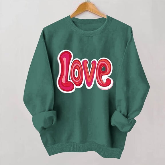 Uootdi Love Heart Print Graphic Sweatshirts for Women Crewneck Holiday Pullover Tops Funny Casual Loose Spring Tops Festival Shirts Gift