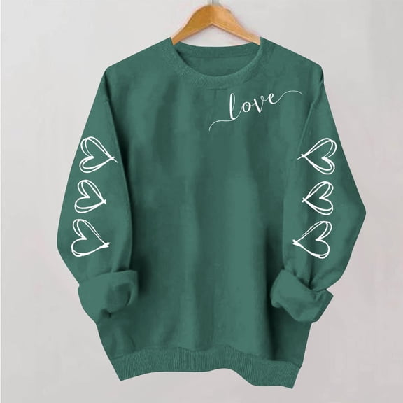 Uootdi Love Heart Print Graphic Sweatshirts for Women Crewneck Holiday Pullover Tops Funny Casual Loose Spring Tops Festival Shirts Gift