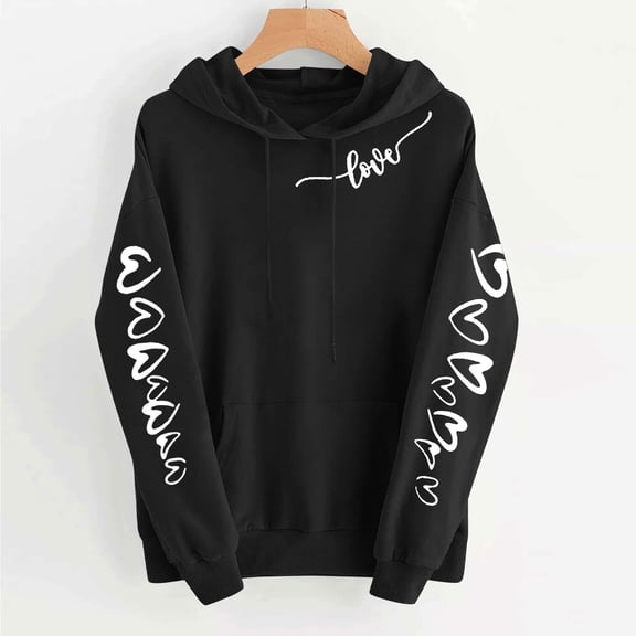 Uootdi Love Heart Print Graphic Sweatshirts for Women Funny Crewneck Casual Loose Spring Hooded Tops Festival Drawstring Pullover Spring Clothes Gift