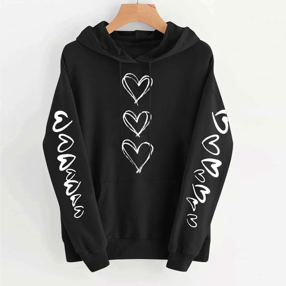 Uootdi Love Heart Print Graphic Sweatshirts for Women Funny Crewneck Casual Loose Spring Hooded Tops Festival Drawstring Pullover Spring Clothes Gift
