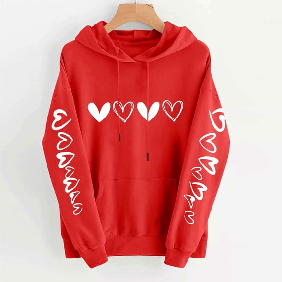 Uootdi Love Heart Print Graphic Sweatshirts for Women Funny Crewneck Casual Loose Spring Hooded Tops Festival Drawstring Pullover Spring Clothes Gift