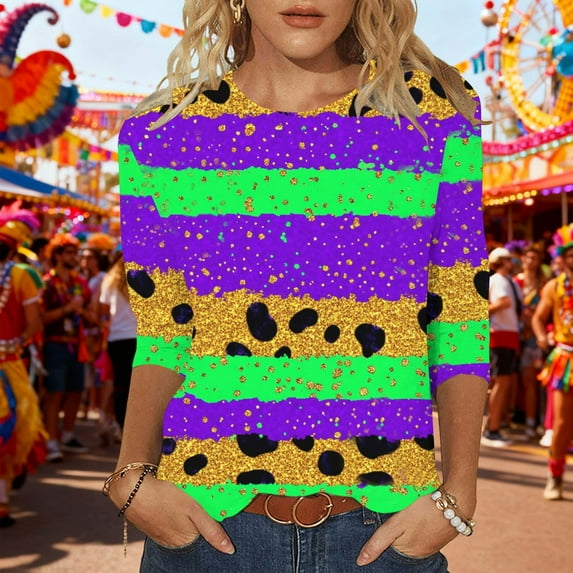Uootdi Mardi Gras 3/4 Sleeve Shirts for Women Round Neck Fancy Mask Printed Graphic Tops Carnival Party Tees Trendy Mardi Gras Blouse Gift