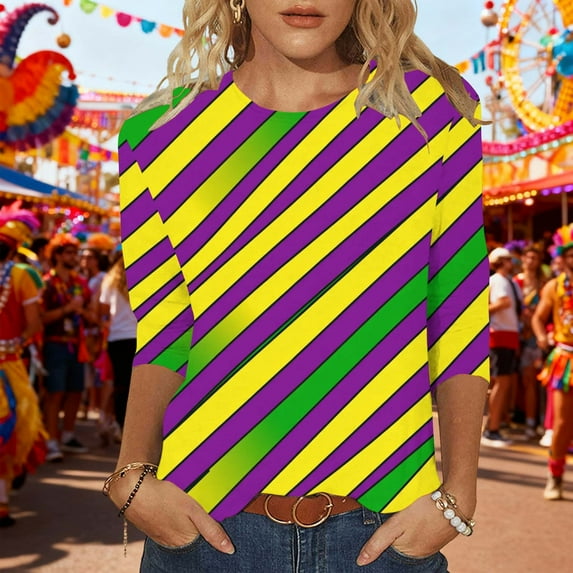 Uootdi Mardi Gras 3/4 Sleeve Shirts for Women Round Neck Fancy Mask Printed Graphic Tops Carnival Party Tees Trendy Mardi Gras Blouse Gift