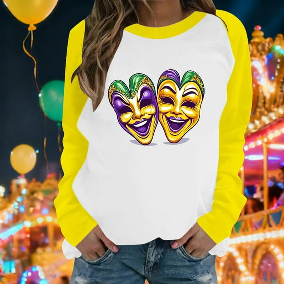 Uootdi Mardi Gras Long Sleeve Shirts for Women Crewneck Funny Carnival Themed Graphic Tops Mardi Gras New Orleans Festival Purple Sweatshirt for women Gift