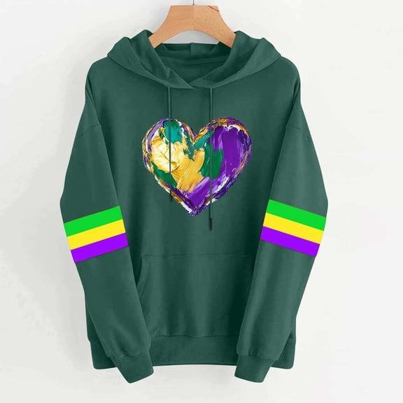 Uootdi Mardi Gras Sweatshirt for Women Funny Stylish Holiday Mardi Gras Print Graphic Hooded Tops Carnival Party Long Sleeve Pullover with Pockets Gift