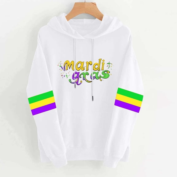 Uootdi Mardi Gras Sweatshirt for Women Funny Stylish Holiday Mardi Gras Print Graphic Hooded Tops Carnival Party Long Sleeve Pullover with Pockets Gift