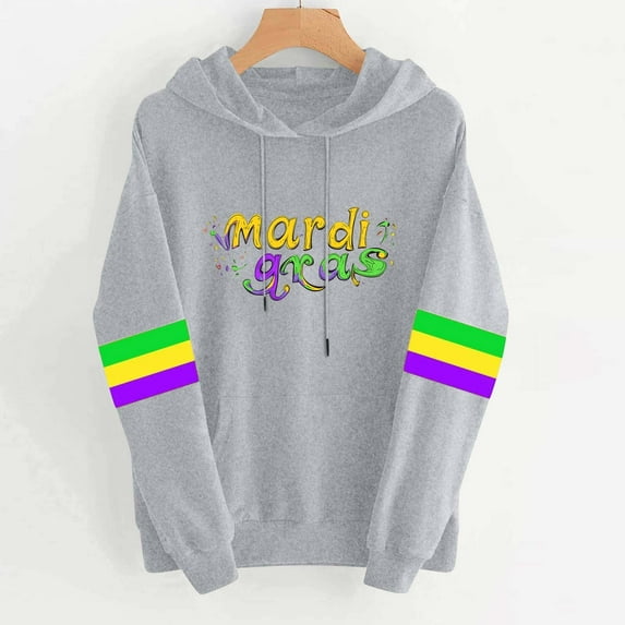 Uootdi Mardi Gras Sweatshirt for Women Funny Stylish Holiday Mardi Gras Print Graphic Hooded Tops Carnival Party Long Sleeve Pullover with Pockets Gift