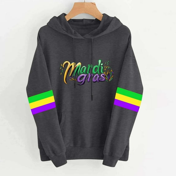 Uootdi Mardi Gras Womens Drawstring Hoodies for Women Carnival Crewneck Heart Print Hooded Long Sleeve Pullover Festive Color Block Loose Sweatshirts Gift