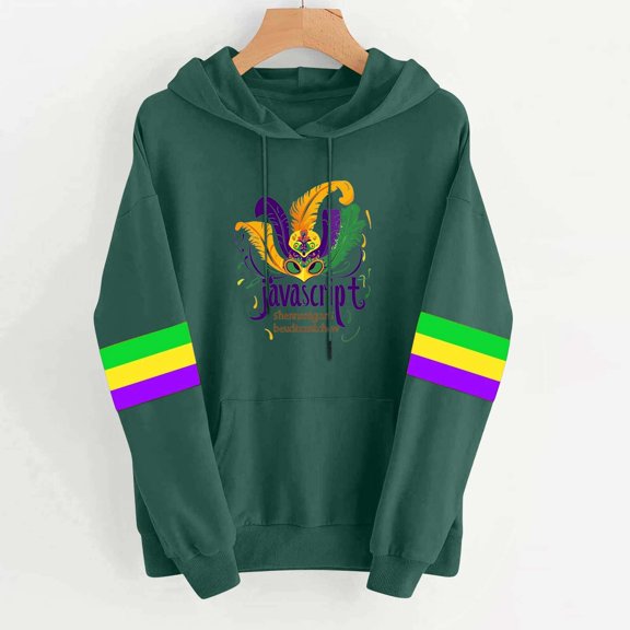 Uootdi Mardi Gras Womens Drawstring Hoodies for Women Carnival Crewneck Heart Print Hooded Long Sleeve Pullover Festive Color Block Loose Sweatshirts Gift