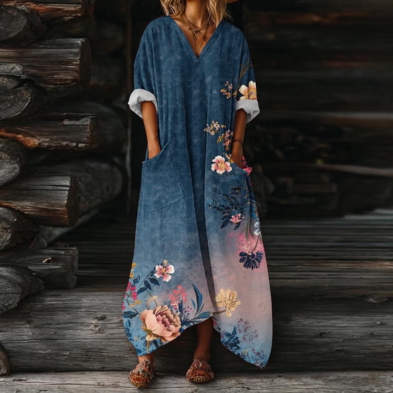 Uootdi Maxi Dresses for Women Floral Print V Neck Large Patch Pockets Asymmetric Hem Loose Fit Lightweight Summer Dresses Casual Dresses Vacation Style Outfit Gift