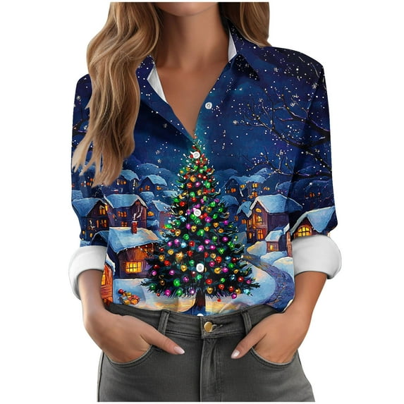 Uootdi Merry Christmas Button Down Long Sleeve Shirts for Women Christmas Graphic Casual Gift Fashion Xmas Shirt