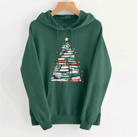 Uootdi Merry Christmas Hoodies for Gift Women Christmas Graphic Drop Shoulder Hooded Long Sleeve Sweatshirt Xmas Holiday Pullo ver Tops