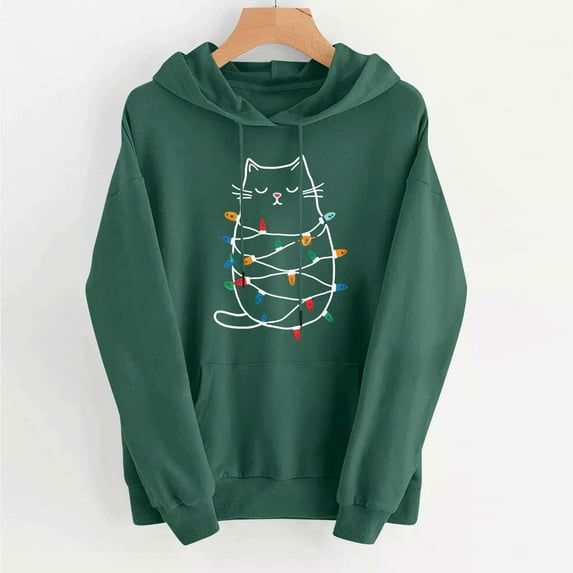 Uootdi Merry Christmas Hoodies for Gift Women Christmas Graphic Drop Shoulder Hooded Long Sleeve Sweatshirt Xmas Holiday Pullo ver Tops
