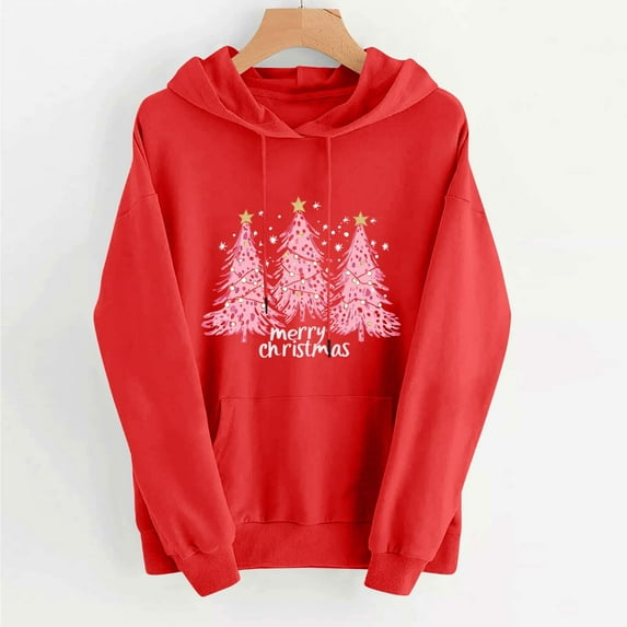 Uootdi Merry Christmas Hoodies for Gift Women Christmas Graphic Drop Shoulder Hooded Long Sleeve Sweatshirt Xmas Holiday Pullo ver Tops