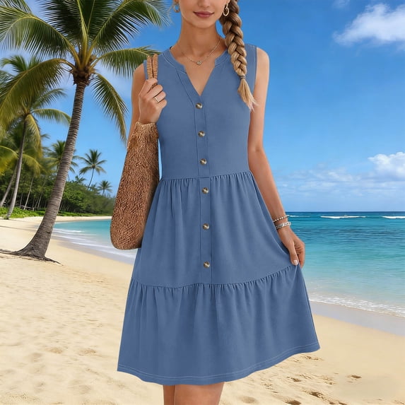 Uootdi Midi Dresses for Women V Neck Solid Color Sleeveless Button Front Tiered Dress Soft Stretchy Top Casual Blouse Gift