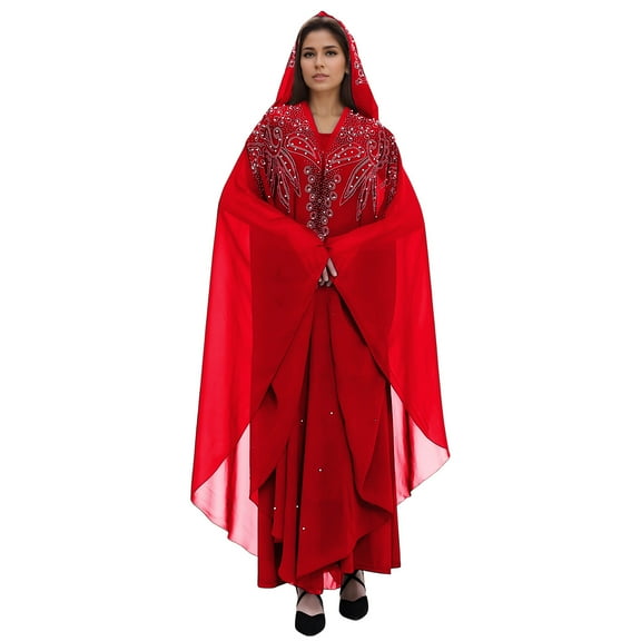 Uootdi Muslim Dress for Women Loose Batwing Sleeved Hooded Beaded Embroidery Long Abaya Dress Scarf Gift Muslim Head Wraps Shawl s Full