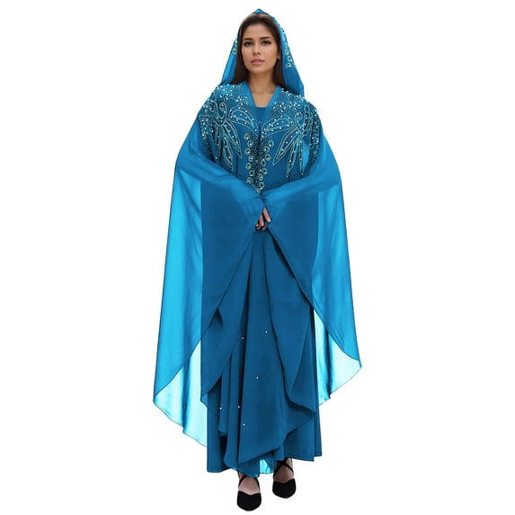 Uootdi Muslim Dress for Women Loose Batwing Sleeved Hooded Beaded Embroidery Long Abaya Dress Scarf Gift Muslim Head Wraps Shawl s Full