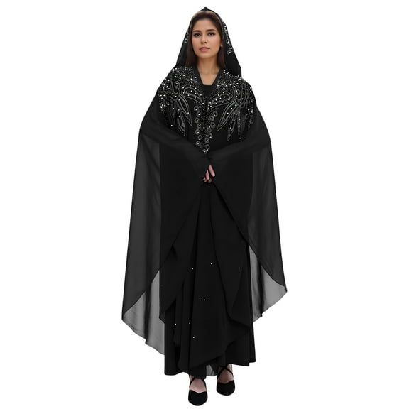 Uootdi Muslim Dress for Women Loose Batwing Sleeved Hooded Beaded Embroidery Long Abaya Dress Scarf Gift Muslim Head Wraps Shawl s Full