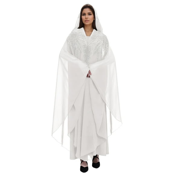 Uootdi Muslim Dress for Women Loose Batwing Sleeved Hooded Beaded Embroidery Long Abaya Dress Scarf Gift Muslim Head Wraps Shawl s Full