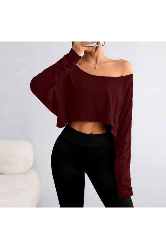Off The Shoulder Crop Tops for Women Sexy Crop Long Sleeve Top Oversized Workout Boat Neck Tee Shirt Gift Fall Y2K