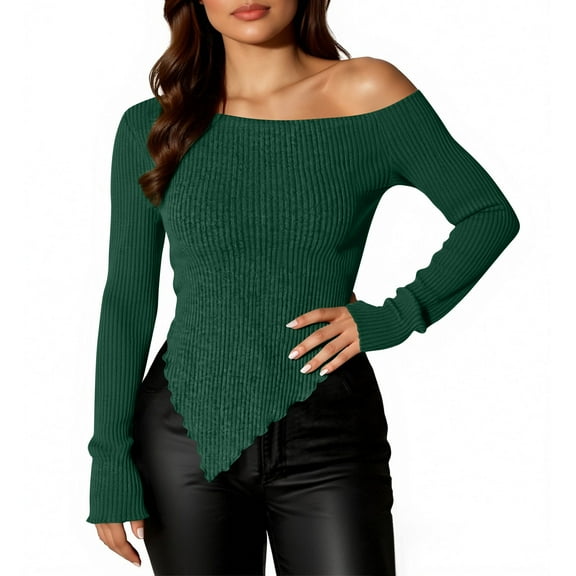Uootdi Off The Shoulder Tops for Women Sweater Cropped Irregular Hem Textured Ribbed Gift Knit Pullover Y2k Fitted Tops Sexy Part y