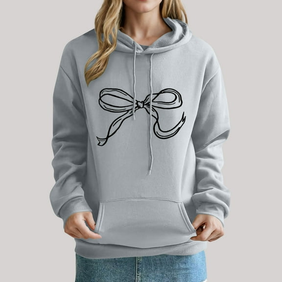 Uootdi Oversized Bow Trim Print Hoodies for Women Pink Bow Print Graphic Sweatshirt Drop Shoulder Pullover Top with Gift Pocket