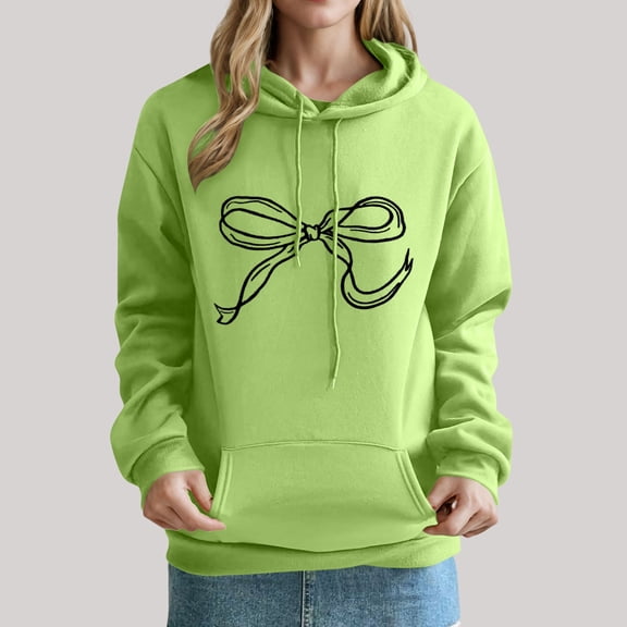 Uootdi Oversized Bow Trim Print Hoodies for Women Pink Bow Print Graphic Sweatshirt Drop Shoulder Pullover Top with Gift Pocket