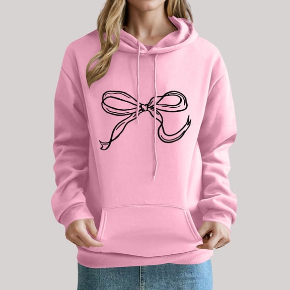 Uootdi Oversized Bow Trim Print Hoodies for Women Pink Bow Print Graphic Sweatshirt Drop Shoulder Pullover Top with Gift Pocket