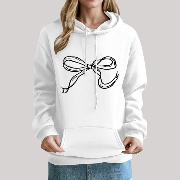 Uootdi Oversized Bow Trim Print Hoodies for Women Pink Bow Print Graphic Sweatshirt Drop Shoulder Pullover Top with Gift Pocket