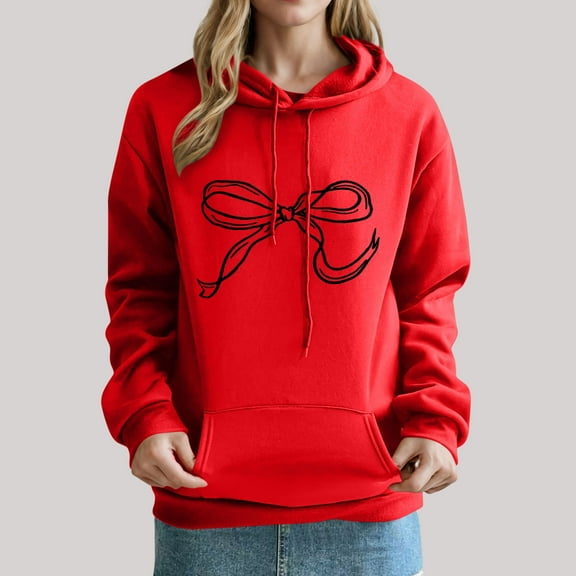 Uootdi Oversized Bow Trim Print Hoodies for Women Pink Bow Print Graphic Sweatshirt Drop Shoulder Pullover Top with Gift Pocket