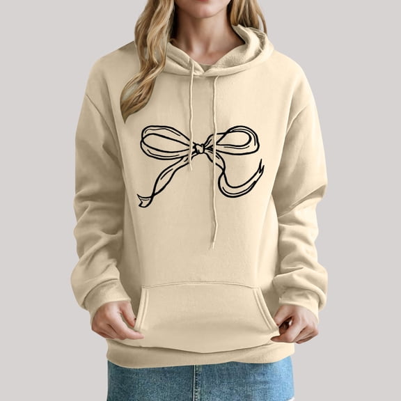 Uootdi Oversized Bow Trim Print Hoodies for Women Pink Bow Print Graphic Sweatshirt Drop Shoulder Pullover Top with Gift Pocket